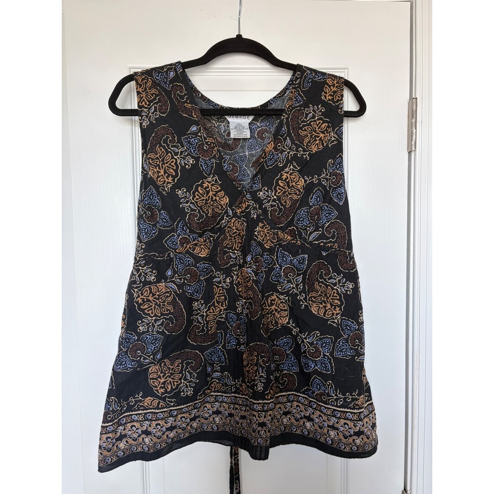 Vintage George Y2K Black Paisley Cotton Pintuck Sleeveless Blouse XL 16/18